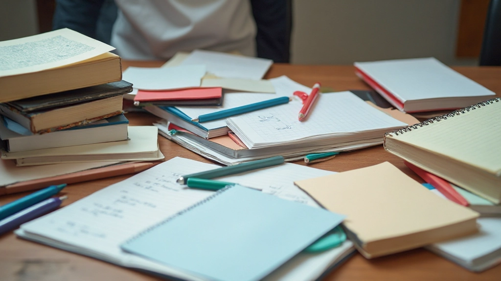 Verschillende vakken en onderwerpen gemengd op een bureau, diverse studiekaarten en materialen, gekleurde notitieboeken