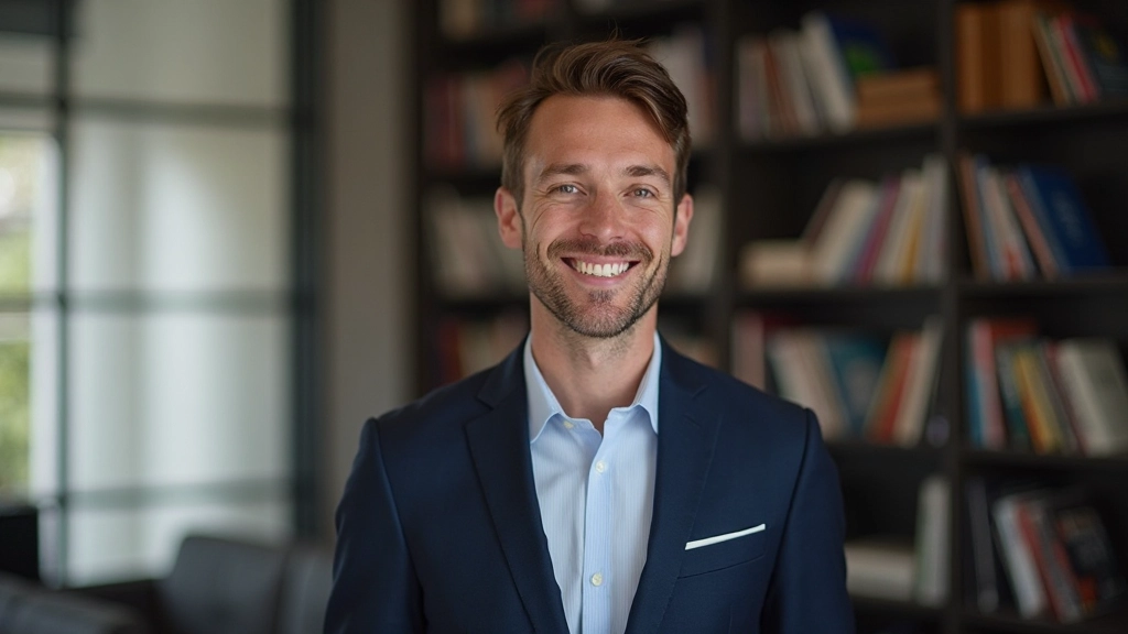 Professioneel werkende man met glimlach op kantoor omgeving met boekenrek