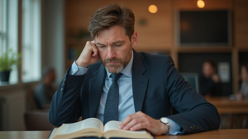 Man van 40 jaar, volledig gekleed in kantoor kleding, zit peinzend aan tafel met open boek, vastberaden uitdrukking, modern interieur, warm licht, onscherpe achtergrond, GEEN tekst, GEEN watermerken