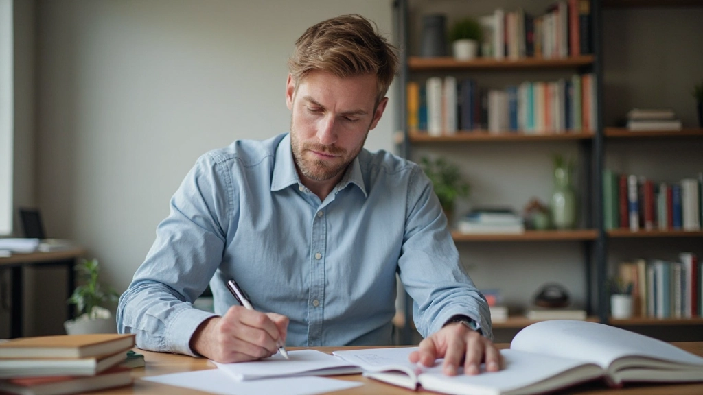 Man van 42 jaar schrijft notities aan een bureau met boeken eromheen, concentratie en focus uitstraling, heldere werkplek, natuurlijk licht, portret van borst omhoog