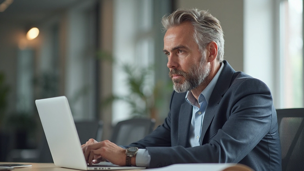 Professionele foto van realistische man van 45 jaar, volledig gekleed in business casual, zittend aan bureau met laptop, studieus geconcentreerd, modern kantoor, natuurlijke verlichting, onscherpe achtergrond, GEEN tekst, GEEN watermerken