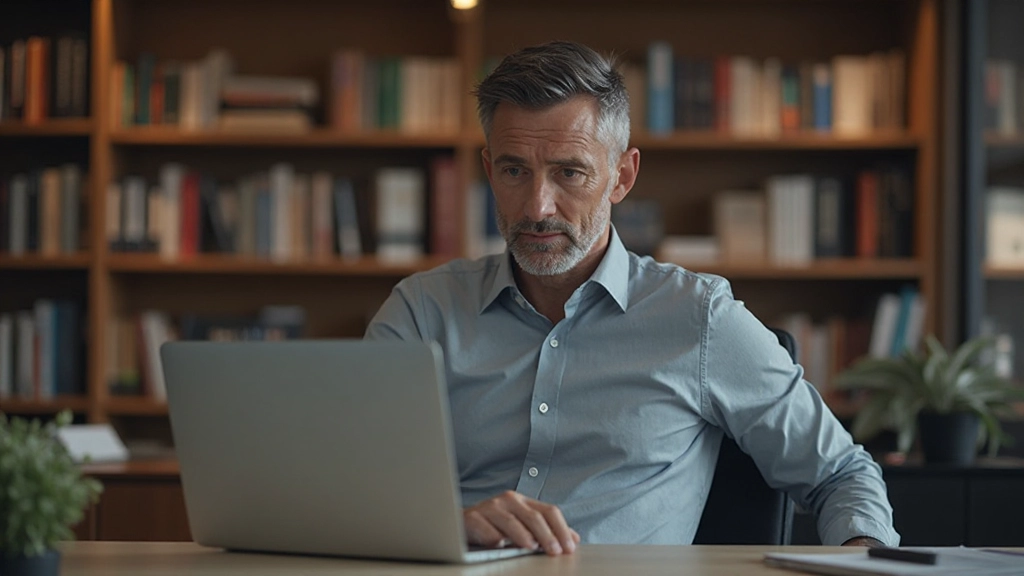 Man van 45 jaar volledig gekleed in smart casual werkende aan laptop in kantoor met boeken op achtergrond