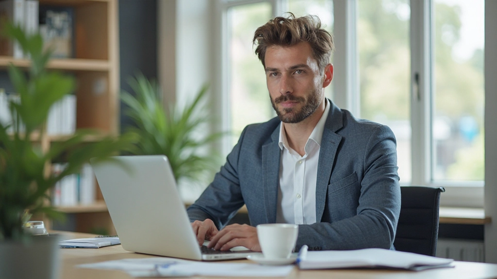 Persoon werkt aan laptop met notitieblok en koffie op werkplek met natuurlijk licht