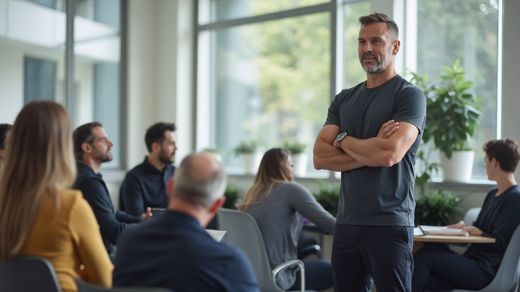 Groep mensen in training sessie met trainer die instructies geeft in heldere ruimte