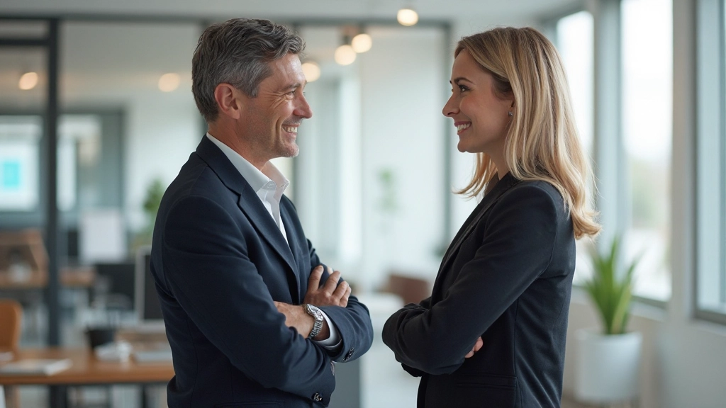 Twee professionals volledig gekleed in zakelijke outfit in gesprek in moderne kantoor omgeving met ramen op achtergrond