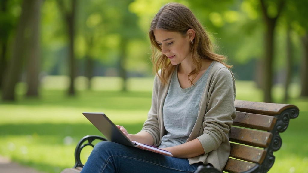 Vrouw buiten in park zittend op bankje met tablet en notitieblok voor studie
