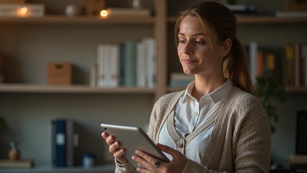 Vrouw van 35 jaar houdt een online quiz op tablet-scherm vast, concentratie, thuis kantoor omgeving, warm licht, portret van borst omhoog