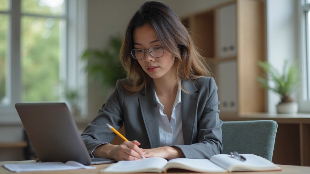 Vrouw van middelbare leeftijd volledig gekleed in zakelijke outfit studerend aan bureau met laptop en notitieblok