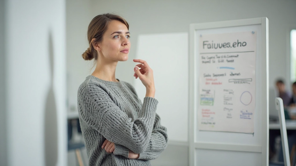 Vrouw van 38 jaar, volledig gekleed in casual trui, staat voor whiteboard vol notities, denkt actief na, heldere werkruimte, zachte verlichting, onscherpe achtergrond, GEEN tekst, GEEN watermerken